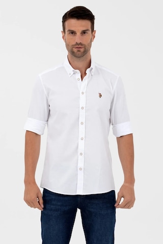 U.S. Polo Assn. Erkek Düğmeli Yaka Slim Fit Uzun Kollu %100 Pamuk Beyaz