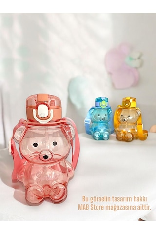 Sevimli Ayıcık Figürlü Su Matarası - Ayıcıklı Smile Şeffaf Suluk Okul Su Şişesi 700ml Pembe Plastik Diğer