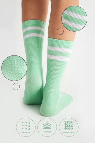 Bambu Kadın Yeşil Kaydırmaz Taban Silikon Baskı Yoga Fitness Pilates Bale Dans Tenis Çorabı Çok Renkli