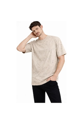 Efnaz Style Erkek Asit Yıkama Bisiklet Yaka Kısa Kollu Oversize T-shirt Tişört - Bej
