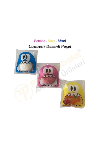 100 Adet Pembe-sarı-mavi Renkli Canavar Desenli Cake Pop & Kurabiye Poşeti-10x15 Cm