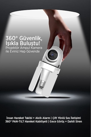 360 Projektör Ampul Güvenlik Kamerası Wi-fi Gece Görüş Hareket Takip Çift Yönlü Ses