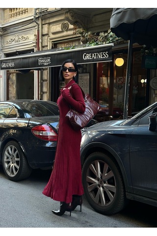 Meecy Uzun Triko Elbise Bordo Bordo