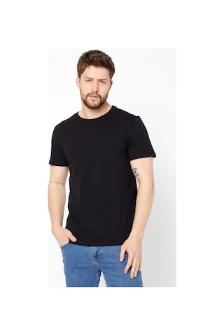 Mmetalic Erkek Siyah %100 Pamuk T- Shirt Regular Fit Rahat Kesim Bisiklet Yaka Basic Tişört Siyah