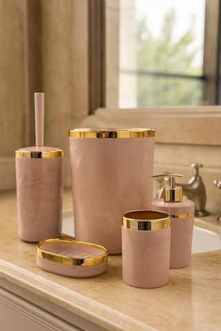 Makri Home Banyo Seti 5'li,akrilik-çöpkovası,wc Fırçalık,sıvı Sabunluk,diş Fırçalık,el Sabunluk,gold Renk Detay Somon