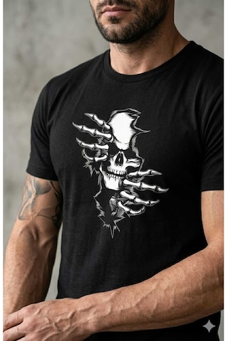Erkek Pamuklu Rahat Kalıp Kurukafa Baskılı T-shirt Siyah