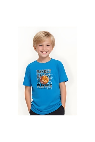 Fyk Kids Erkek Çocuk Yuvarlak Yaka Basketball Baskılı T-shirt Mavi