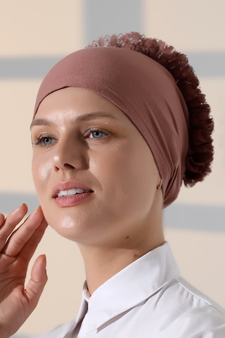 Kadın Fırfırlı Güpürlü Tesettür Topuz Bone - Gül Kurusu Gülkurusu