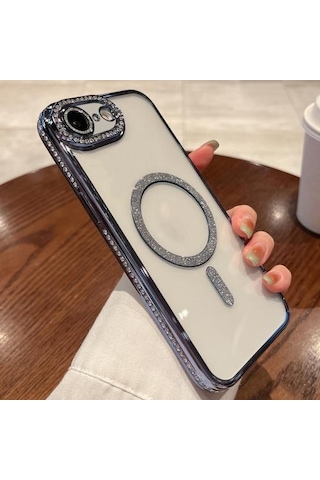 Apple Uyumlu iPhone 16e Kılıf Simli Magsafe Kamera Kenar Taşlı Kapak Mavi