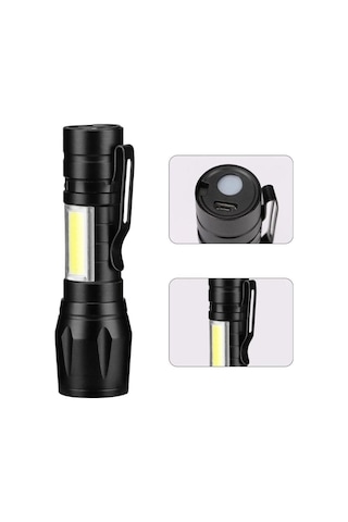 Single Sword Şarjlı Küçük Boy El Feneri - Kutulu Ve Kemere Takma Aparatlı Siyah