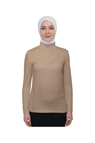 Manolyaşal İslamic Hijab Hafif Uzun Kollu Balıkçı Yakalı Organik Kadın Body Koyu Bej