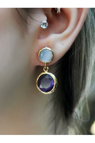 İkili Yuvarlak Modelli Kedigözü Cam Gold Kaplamalı Kadın Küpe Euku25bl Lacivert