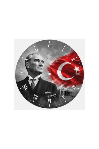 AA Shop Atatürk Temalı Baskılı Dekoratif Baskılı Ahşap Duvar Saati Sessiz Akar Mekanizmalı 806 Çoklu Renkli