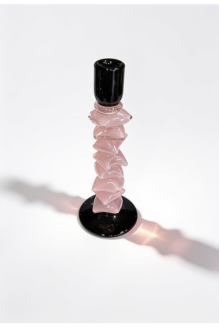 İthal Slıce Cam Şamdan Pembe Büyük 33 Cm Krem - Siyah