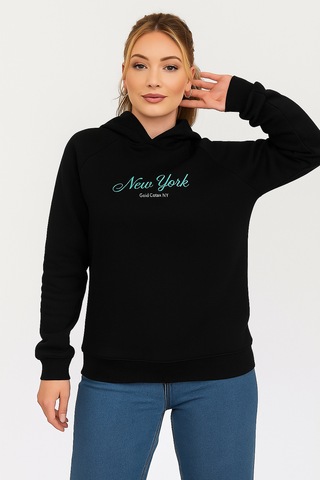 Kadın Kapşonlu Nakışlı Siyah Sweatshirt Siyah