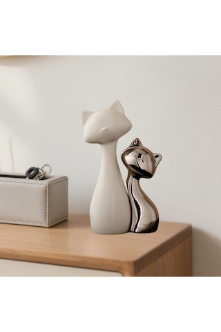 Homyl Şömine Masası Ofisi Için 2 Parça Kedi Heykeli Seramik Küçük