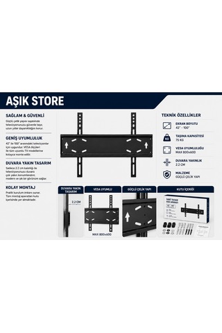 Sabit Tv Askı Aparatı 42 100" Vesa 800 600 75 Kg