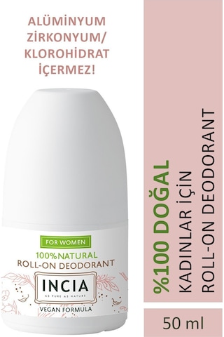 INCIA %100 Doğal Roll On Deodorant Kadınlar İçin Ter Kokusu Önleyici Leke Yapmayan 50 ML