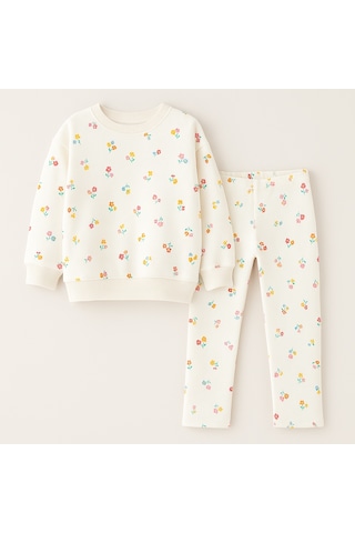 Kız Çocuk Çiçek - Leopar Detaylı 3 İplik Alt Üst Takım Sweatshirt + Tayt Çiçekli