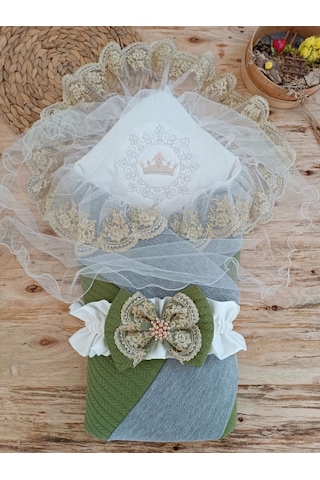 Yenidoğan Teri Cotton Taç Nakışlı Prizma Taş Kundak Bebek Battaniyesi Yeşil