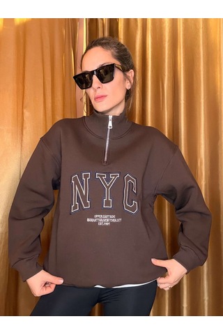 Ali Butik Kahve Nyc Nakışlı Şardonlu Sweatshirt Kahve