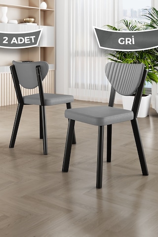 Fubi Serisi 2 Adet Taba Deri Mutfak,cafe, Restaurant Sandalyesi Siyah Metal İskeletli Gri Sandalye Siyah İskelet
