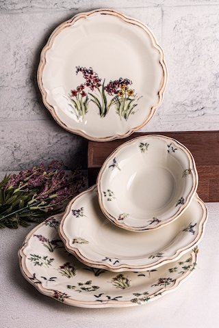 Wild - 24 Parça 6 Kişilik Porselen Yemek Takımı Kenarları Silik Vintage Tuval Model Porselen Tabak Çok Renkli - 683103577 Çok Renkli