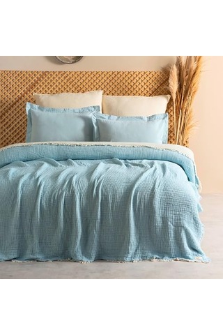 Müslin Pike Tek Kişilik, 100% Pamuk 4 Katlı Kaliteli Müslin Yatak Örtüsü, Dekoratif Şık Yumuşak Hafif Yazlık Pike Açık Mavi, Tek Kişilik 160x220 Cm Açık Indigo