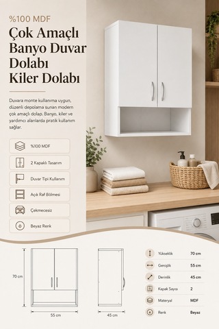 Renazzo %100 Mdf Çok Amaçlı Banyo Duvar Dolabı Kiler Dolabı Beyaz