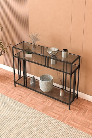 Venedik 100cm Dresuar Kahve Köşesi Dekoratif Raflı Konsol Füme Camlı Siyah