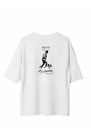 Modi Unisex Bisiklet Yaka Baskılı Oversize T-shirt - Beyaz - Mymg180606