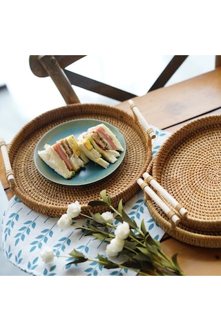 Geeksen El Dizaynlı El Yapımı Vietnam Rattan Geleneksel Tabak - Piknik, Meyve, Ekmek Taşıma Sepeti, Orta Boy İki Kollü Dayanıklı Kömür