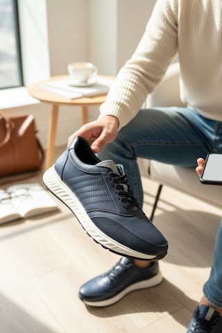 Enoch Hakiki Deri Lacivert Yatay Dikiş Detaylı Erkek Sneaker Ortopedik Taban Lacivert
