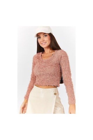 Armonika Kadın Pudra Pullu Sakallı Crop Kazak Arm-22y001179