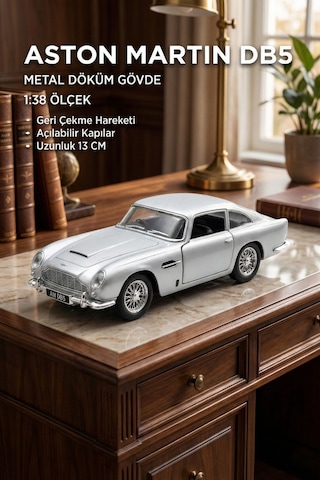 Gümüş Gri Aston Martin Db5 1:38 Ölçek Metal Çek Bırak Model Araba - Açılabilir Kapılar 13 Cm