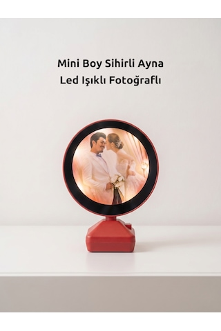 Yuvarlak Sihirli Ayna Led Işıklı Dekoratif Gece Lambası Fotoğraflı Ayna Ev Ofis İçin Hediye Mini Boy Kırmızı