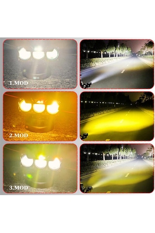 2 Adet Led Spot Işık Ve Sarı Beyaz Projektör Lens 3 Gözlü Dikdörtgen Baykuş Led Off Road Lamba Motosiklet