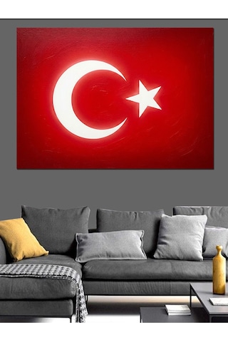 Parlak Ay Yıldız Detaylı Türk Bayrağı Dekoratif Kanvas - Mdf Ahşap Tablo