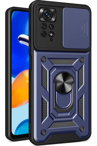 Xiaomi Redmi Note 11 Pro 4g Kılıf Magnetik Standlı Kamera Korumalı Zore Sürgülü Vega Kapak Mavi
