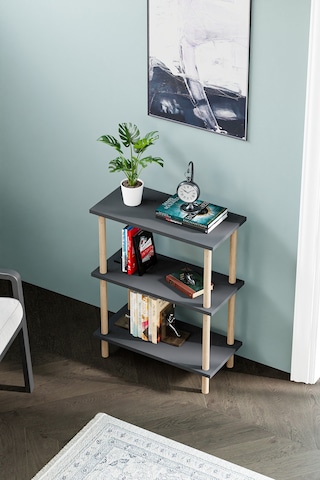 Dekoratif 3 Raflı Ahşap Ayaklı Kitaplık Yan Sehpa Antrasit Gri