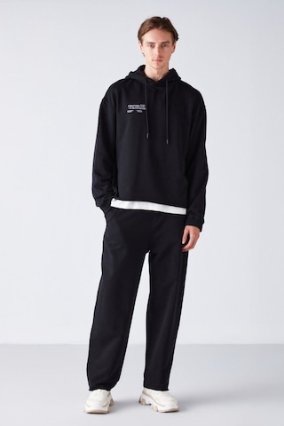 GRIMELANGE Leox Erkek Comfort Fit Nakışlı Kapüşonlu Siyah Eşofman Takımı Siyah