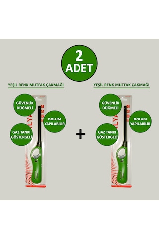 2 Adet Yeşil Doldurulabilir Mutfak Çakmağı Ocak Kamp İçin Uzun Mangal Çakmak