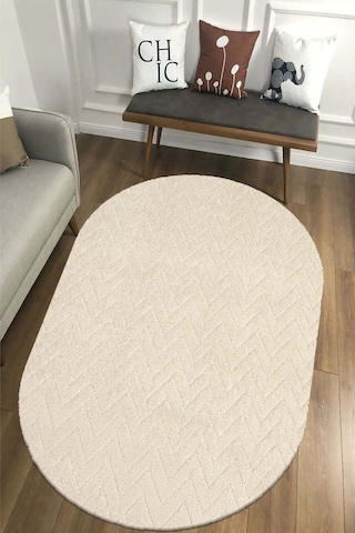 Raschel Carpet Moopy Oval Krem Bukleli Yumuşak Zikzak Dokuma Yolluk Halı Salon Halısı Lp6497 Krem Krem
