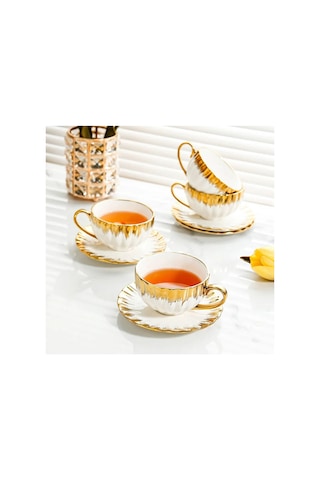 Enzo 6 Kişilik Porselen Gold Yaldızlı Neskafe Fincan Takımı Beyaz