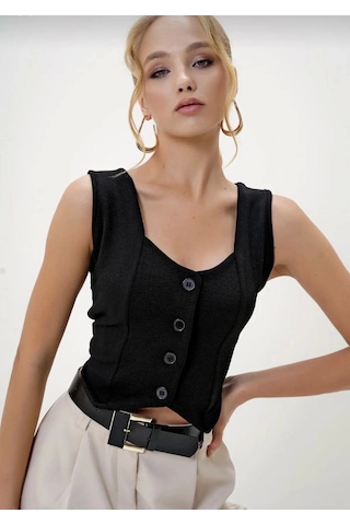 Krep Kumaş Düğmeli Yelek Siyah S3395 Siyah