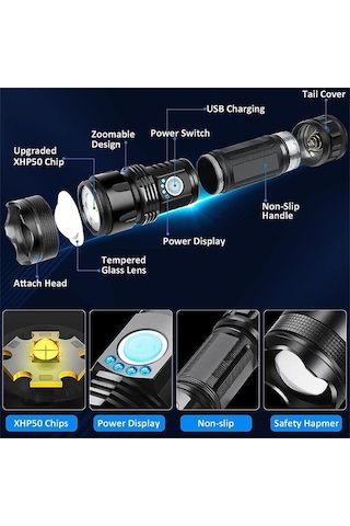 Artfulabode Yürüyüş, Xhp50.2 Taktik Su Siyah Şarj Mod, Lümen, Yüksek Performanslı Geçirmez Led Kamp Feneri, Ipx7, 90000 Siyah