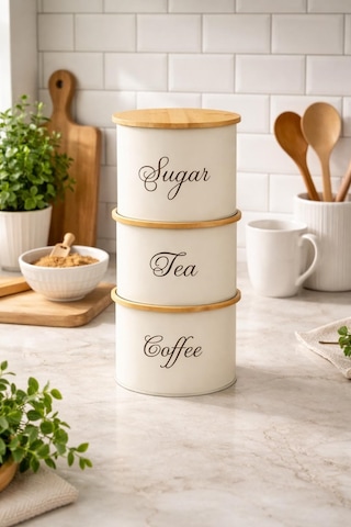 Kahve Çay Şeker Saklama Kabı 3'lü Set Kapaklı Mutfak Organizer Saklama Kutusu Krem