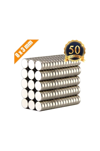 50 Adet Çap 8Mm X Kalınlık 3Mm Yuvarlak Güçlü Neodyum Mıknatıs