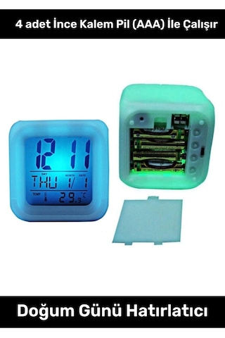 Hediyelik Dekoratif Termometreli Takvimli 7 Renk Değiştiren Dijital Küp Alarmlı Masa Çalar Saat