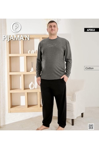 Pijamoni Erkek Battal Bisiklet Yaka Penye Uzun Kol Pijama Takımı 6700/3 - 1 Adet Antrasit
